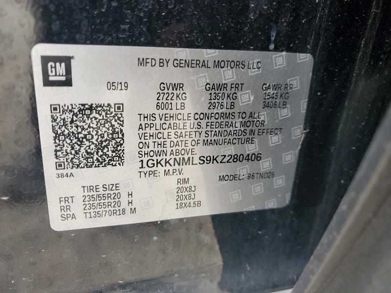 Aukcja sprzedaży 2019 Gmc Acadia, vin: 1GKKNMLS9KZ280406, numer aukcji: 50967776