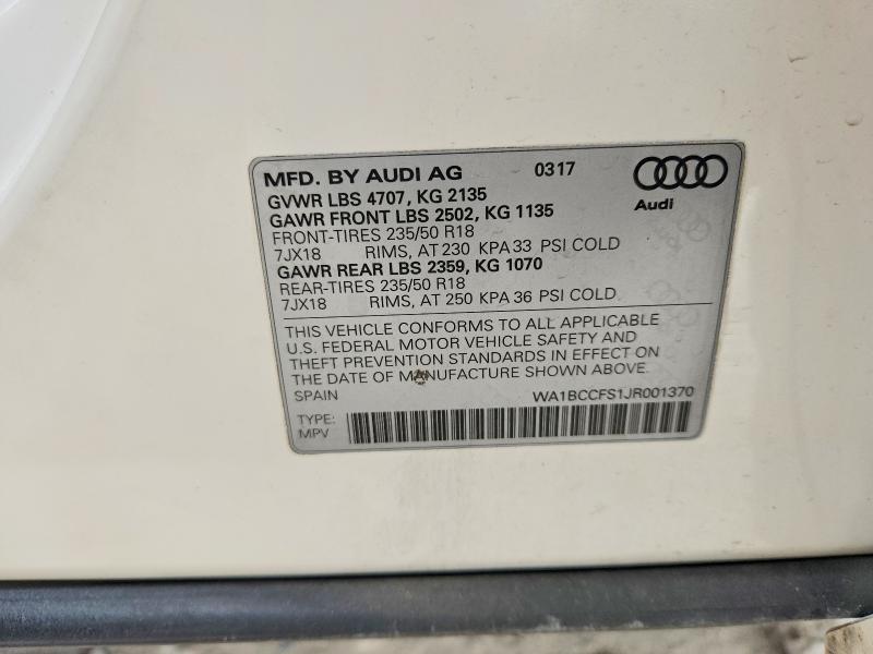 51568566 :رقم المزاد ، WA1BCCFS1JR001370 vin ، 2018 Audi Q3 مزاد بيع
