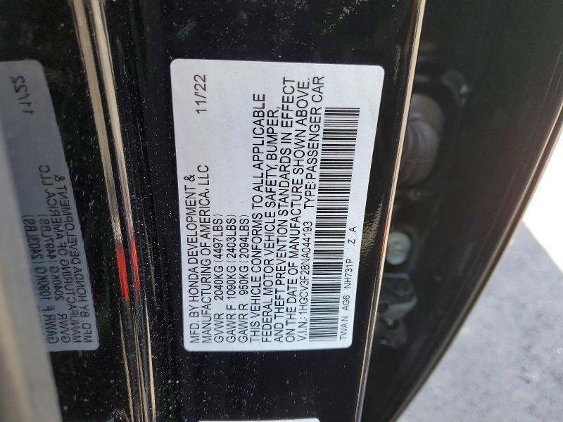 Продажа на аукционе авто 2022 Honda Accord, vin: 1HGCV3F28NA044193, номер лота: 49936446