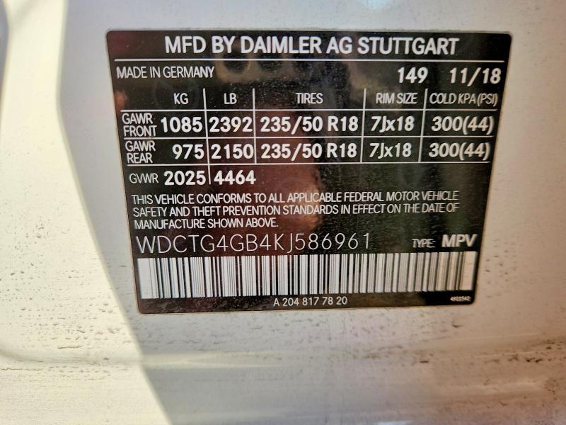 2019 Mercedes-benz Gla მანქანა იყიდება აუქციონზე, vin: WDCTG4GB4KJ586961, აუქციონის ნომერი: 48956026