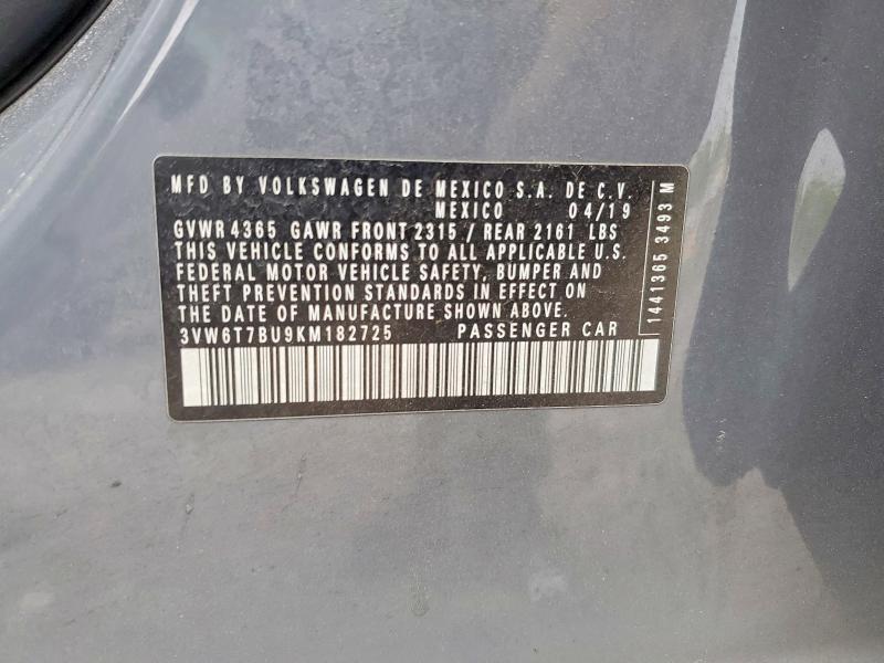 2019 Volkswagen Jetta მანქანა იყიდება აუქციონზე, vin: 3VW6T7BU9KM182725, აუქციონის ნომერი: 50583446