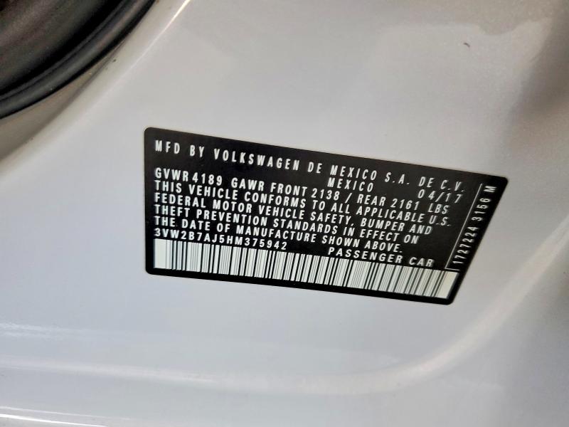 Auction sale of the 2017 Volkswagen Jetta, vin: 3VW2B7AJ5HM375942, lot number: 51925616