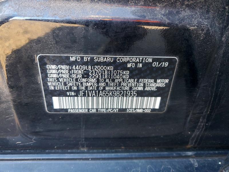 2019 Subaru Wrx მანქანა იყიდება აუქციონზე, vin: JF1VA1A65K9821935, აუქციონის ნომერი: 49074366