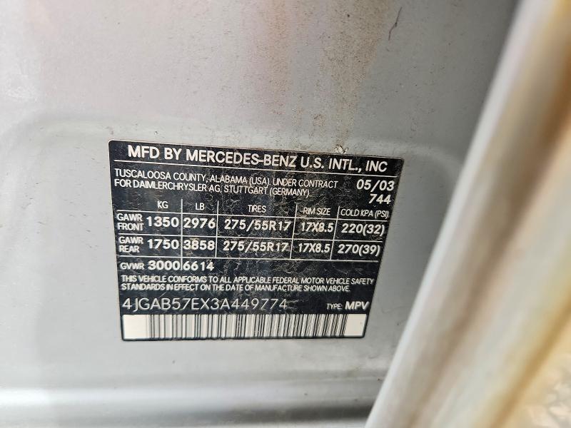 50791506 :رقم المزاد ، 4JGAB57EX3A449774 vin ، 2003 Mercedes-benz Ml مزاد بيع