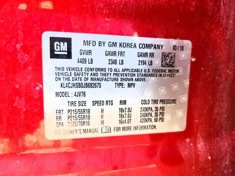 2018 Buick Encore მანქანა იყიდება აუქციონზე, vin: KL4CJHSB0JB682675, აუქციონის ნომერი: 50603276