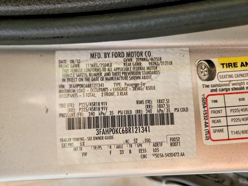 2011 Ford Fusion მანქანა იყიდება აუქციონზე, vin: 3FAHP0KC6BR121341, აუქციონის ნომერი: 47143246