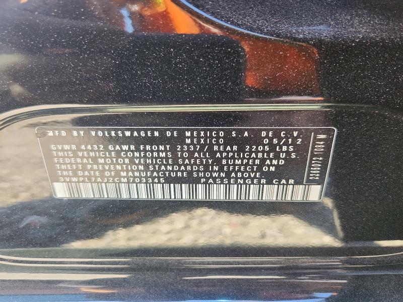 50407796 :رقم المزاد ، 3VWPL7AJ2CM703345 vin ، 2012 Volkswagen Jetta مزاد بيع