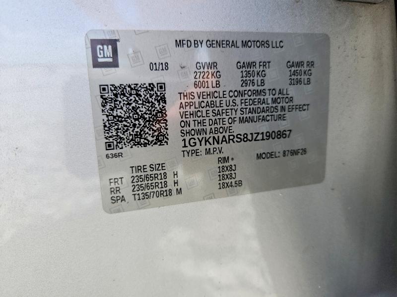 50687476 :رقم المزاد ، 1GYKNARS8JZ190867 vin ، 2018 Cadillac Xt5 مزاد بيع