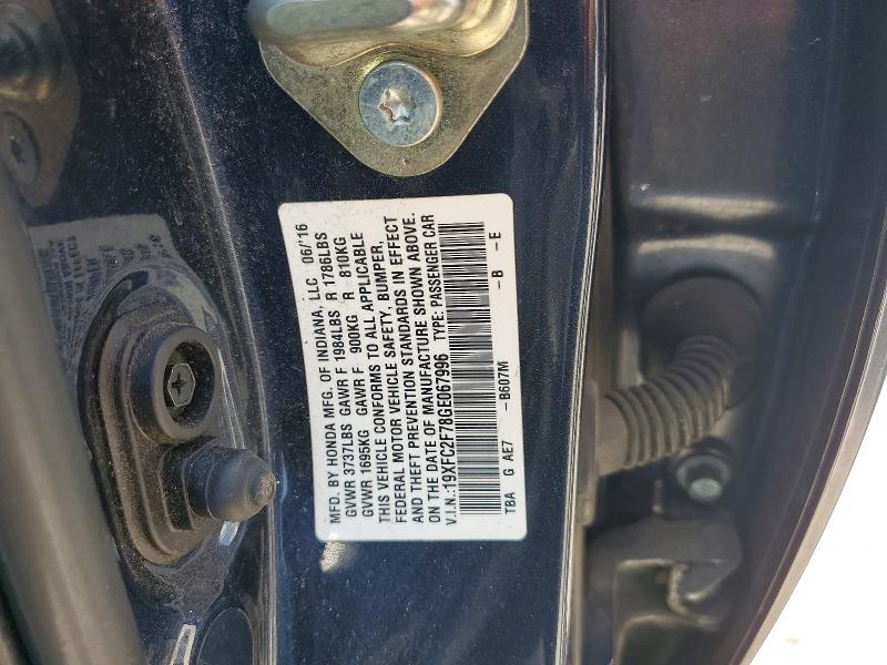 50720986 :رقم المزاد ، 19XFC2F78GE067996 vin ، 2016 Honda Civic مزاد بيع