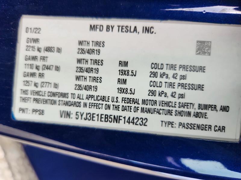 2022 Tesla Model 3 მანქანა იყიდება აუქციონზე, vin: 5YJ3E1EB5NF144232, აუქციონის ნომერი: 50525666