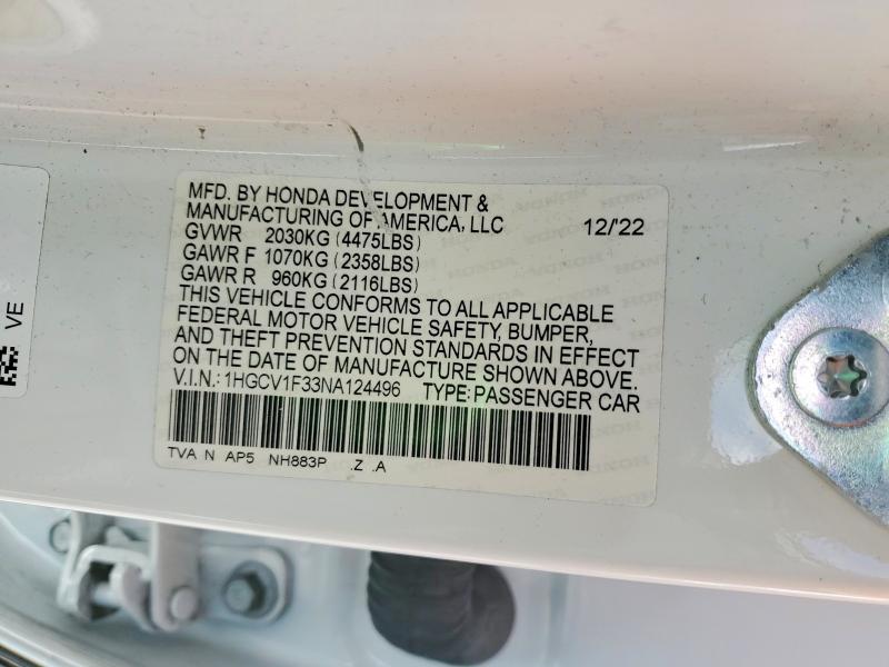 Продаж на аукціоні авто 2022 Honda Accord, vin: 1HGCV1F33NA124496, номер лоту: 50849016