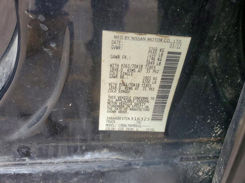 2012 Nissan Titan მანქანა იყიდება აუქციონზე, vin: 1N6AA0EJ7CN316325, აუქციონის ნომერი: 51117016
