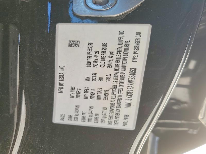51014736 :رقم المزاد ، 5YJ3E1EA7NF234053 vin ، 2022 Tesla Model 3 مزاد بيع