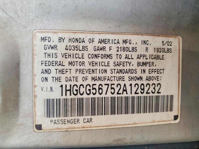 2002 Honda Accord მანქანა იყიდება აუქციონზე, vin: 1HGCG56752A129232, აუქციონის ნომერი: 47786056