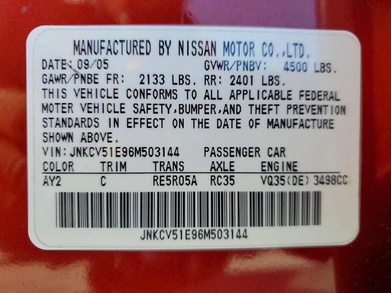 48948406 :رقم المزاد ، JNKCV51E96M503144 vin ، 2006 Infiniti G35 مزاد بيع