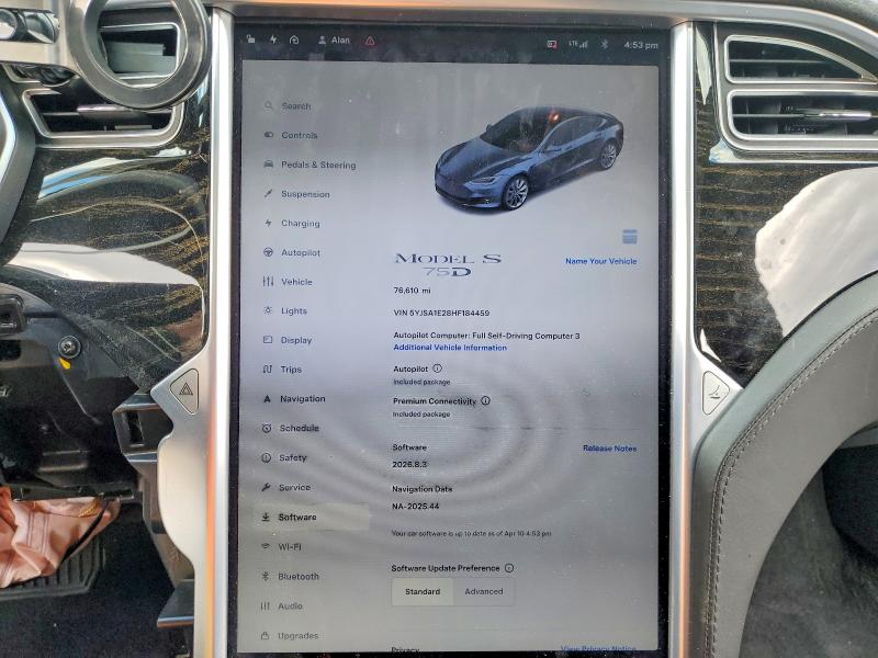 2017 Tesla Model S მანქანა იყიდება აუქციონზე, vin: 5YJSA1E28HF184459, აუქციონის ნომერი: 49800536