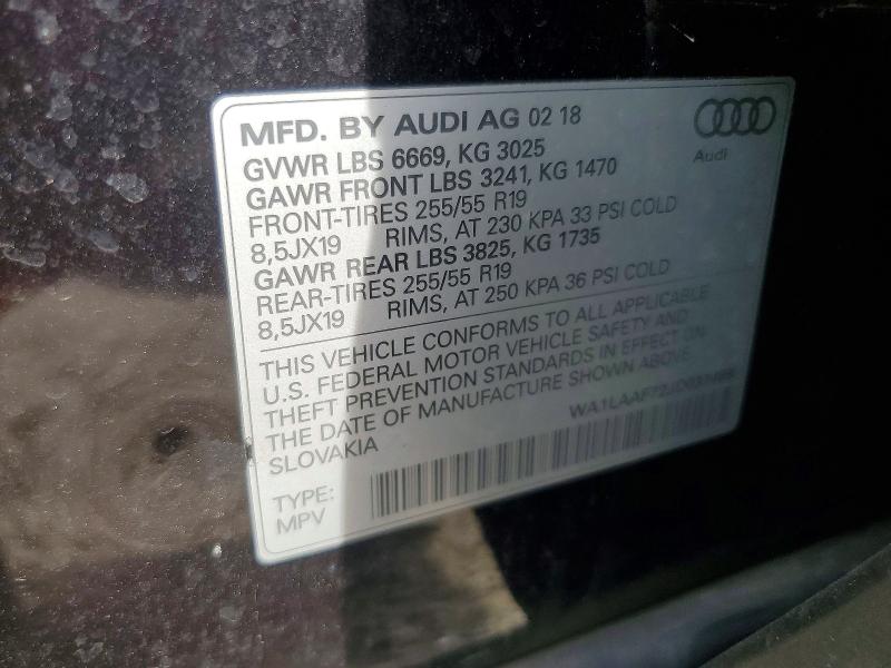 2018 Audi Q7 მანქანა იყიდება აუქციონზე, vin: WA1LAAF72JD031498, აუქციონის ნომერი: 50302516