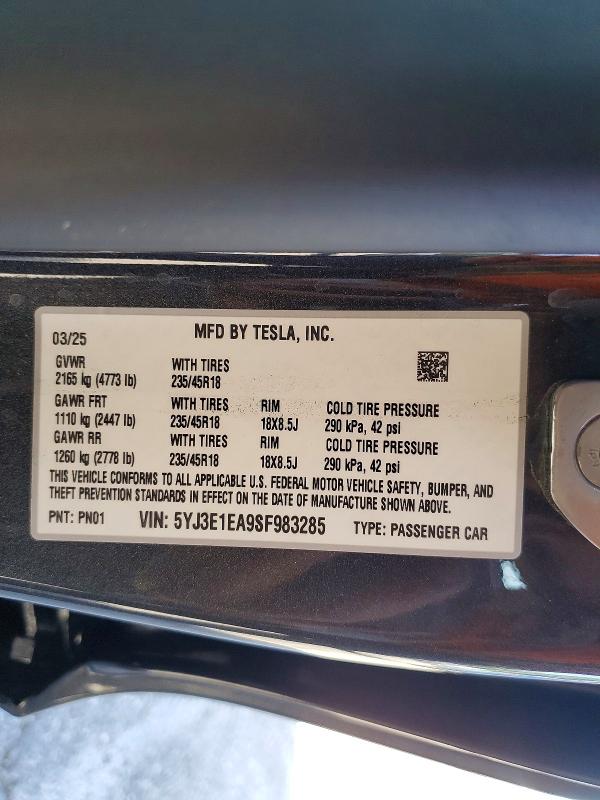 Продажа на аукционе авто 2025 Tesla Model 3, vin: 5YJ3E1EA9SF983285, номер лота: 51361376