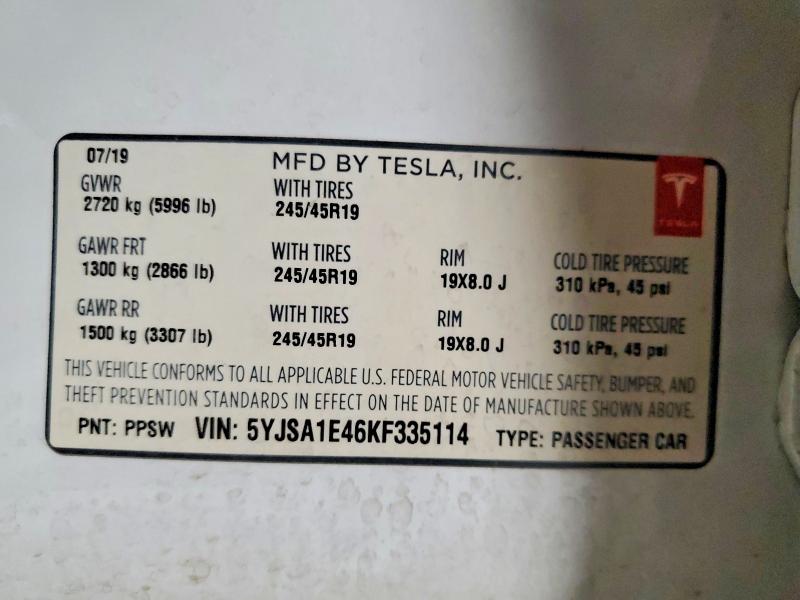 51782336 :رقم المزاد ، 5YJSA1E46KF335114 vin ، 2019 Tesla Model S مزاد بيع