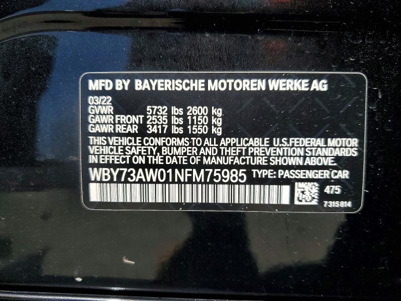 48845766 :رقم المزاد ، WBY73AW01NFM75985 vin ، 2022 Bmw I4 مزاد بيع