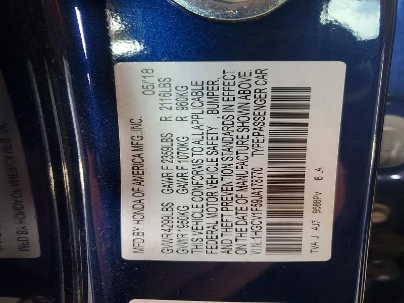 2018 Honda Accord მანქანა იყიდება აუქციონზე, vin: 1HGCV1F59JA178770, აუქციონის ნომერი: 51572126