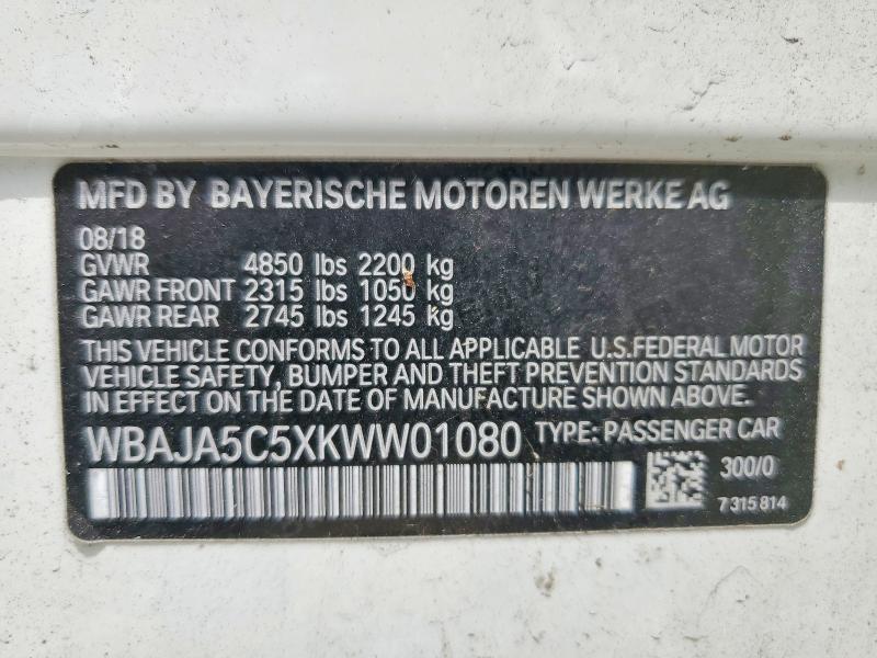 2019 Bmw 530 მანქანა იყიდება აუქციონზე, vin: WBAJA5C5XKWW01080, აუქციონის ნომერი: 50962536