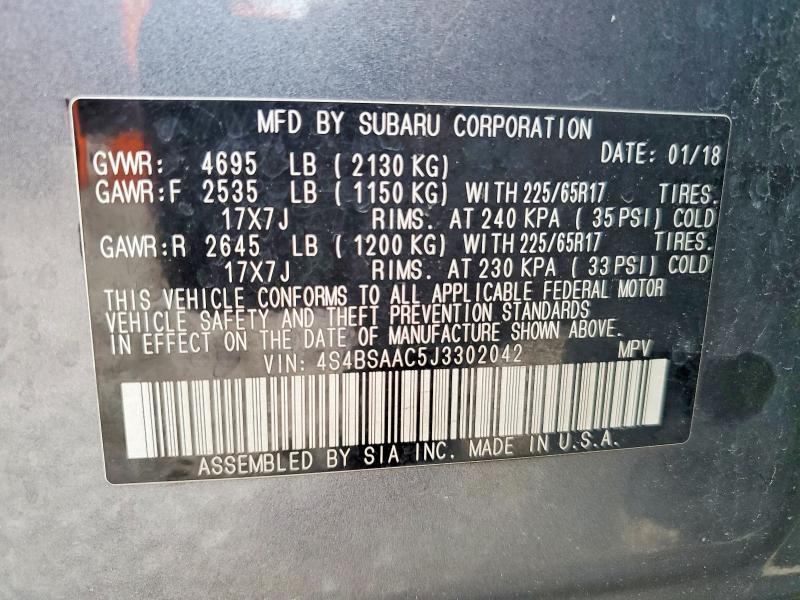2018 Subaru Outback მანქანა იყიდება აუქციონზე, vin: 4S4BSAAC5J3302042, აუქციონის ნომერი: 49434686