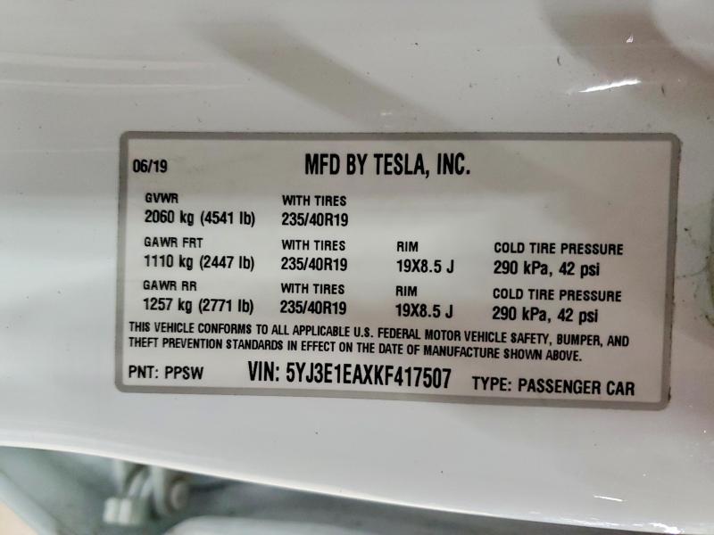 Продаж на аукціоні авто 2019 Tesla Model 3, vin: 5YJ3E1EAXKF417507, номер лоту: 51021316