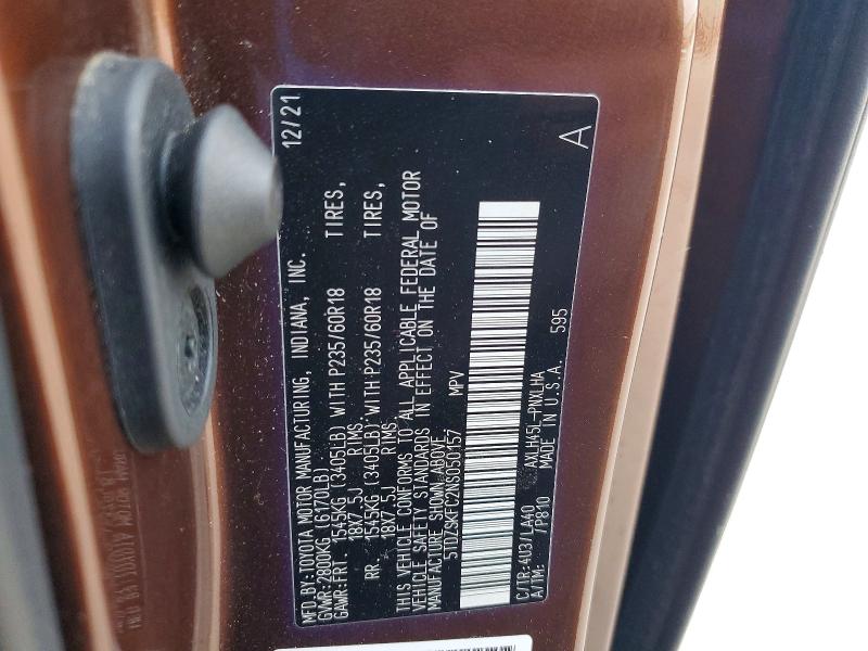 49472766 :رقم المزاد ، 5TDZSKFC2NS050157 vin ، 2022 Toyota Sienna مزاد بيع