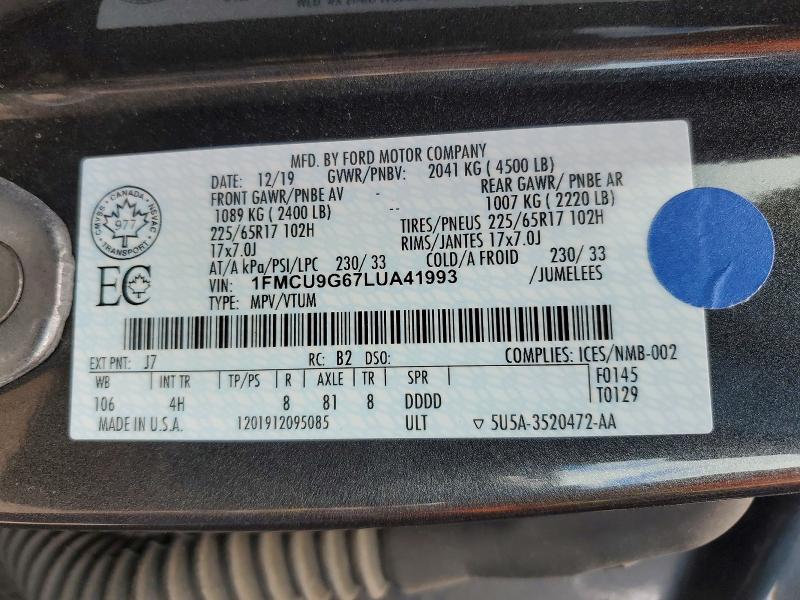 50132526 :رقم المزاد ، 1FMCU9G67LUA41993 vin ، 2020 Ford Escape مزاد بيع
