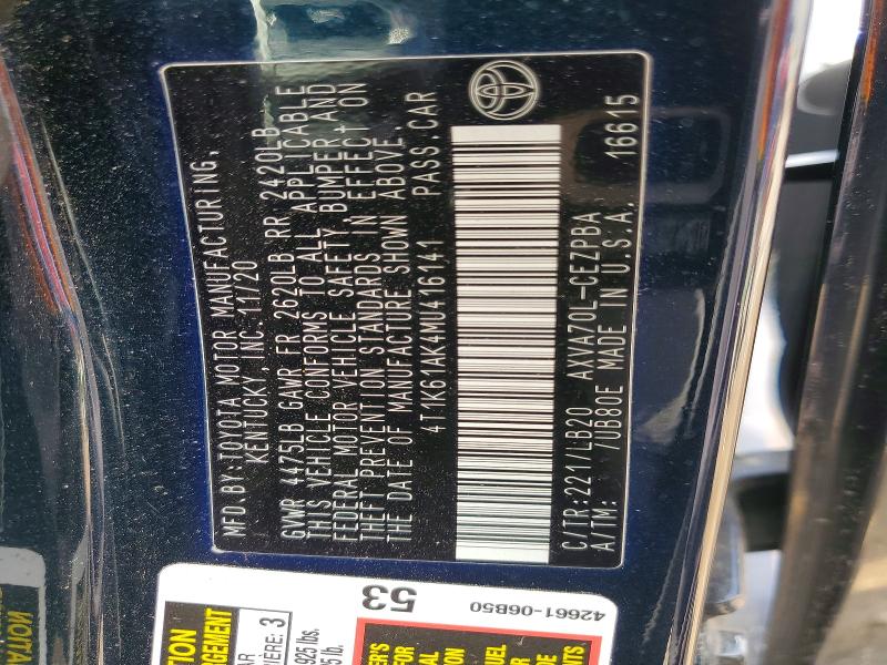 Продажа на аукционе авто 2021 Toyota Camry, vin: 4T1K61AK4MU416141, номер лота: 50801996