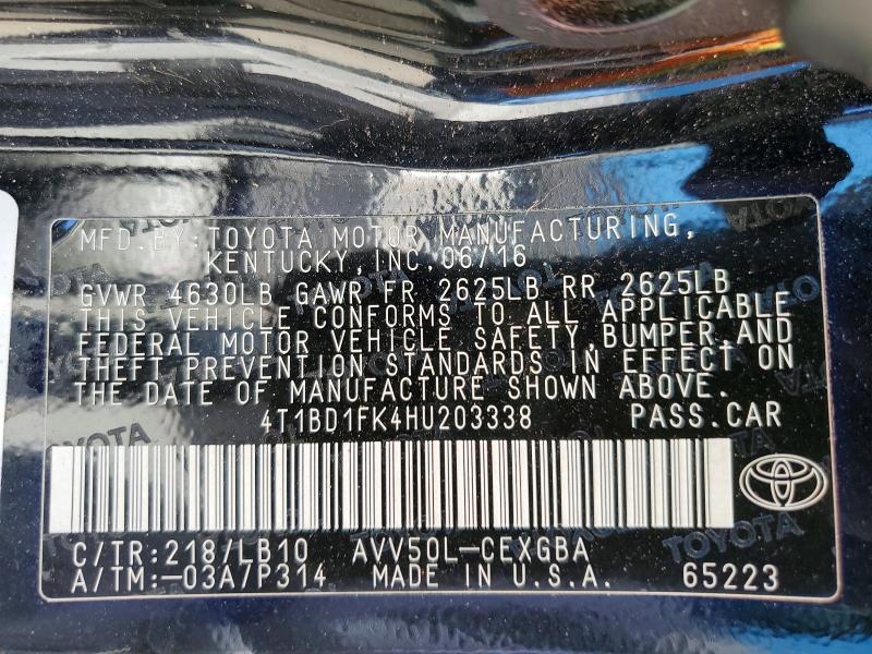 Auction sale of the 2017 Toyota Camry Hybrid, vin: 4T1BD1FK4HU203338, lot number: 50745986