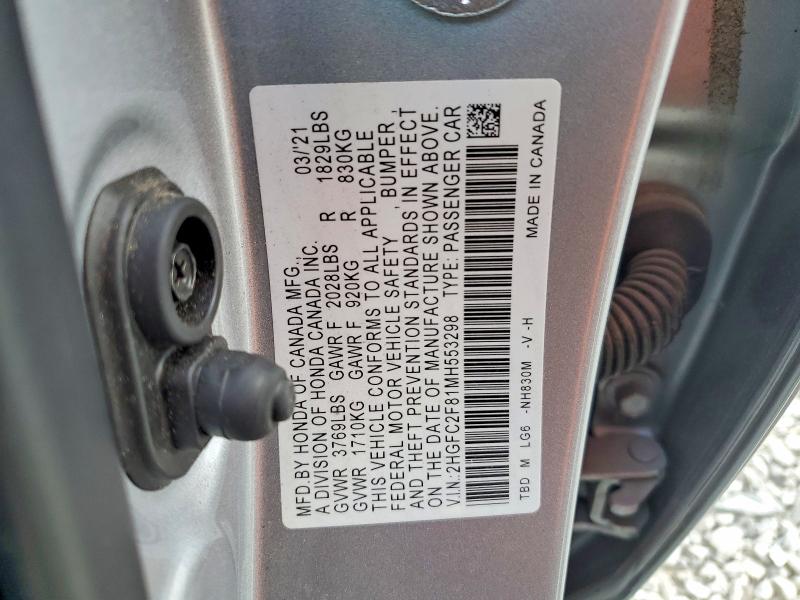 Aukcja sprzedaży 2021 Honda Civic, vin: 2HGFC2F81MH553298, numer aukcji: 50099196