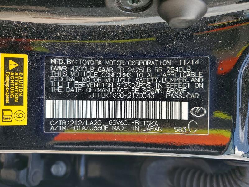 2015 Lexus Es მანქანა იყიდება აუქციონზე, vin: JTHBK1GG0F2170043, აუქციონის ნომერი: 49772856
