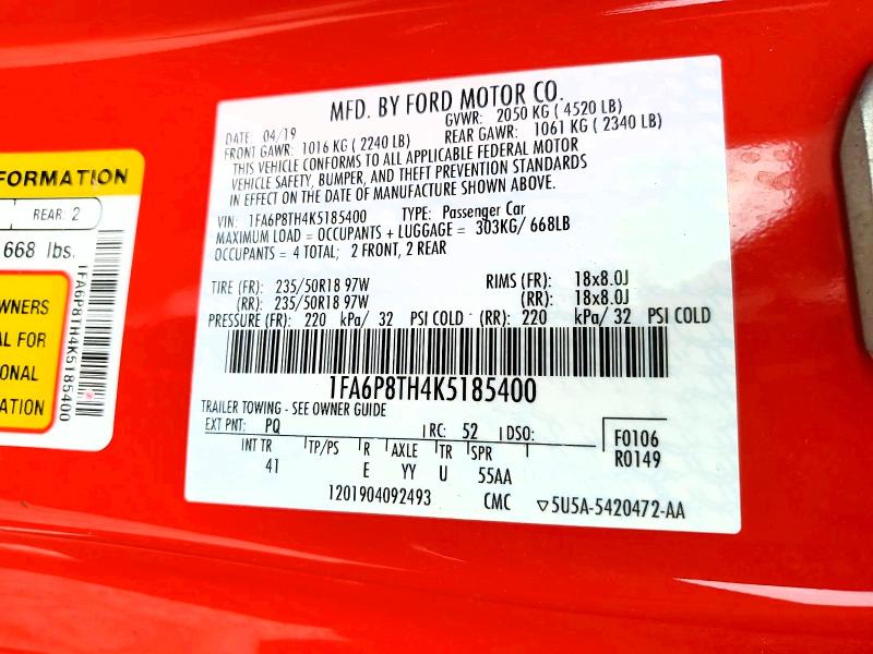 2019 Ford Mustang მანქანა იყიდება აუქციონზე, vin: 1FA6P8TH4K5185400, აუქციონის ნომერი: 51141376