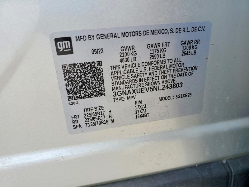Aukcja sprzedaży 2022 Chevrolet Equinox, vin: 3GNAXUEV5NL243803, numer aukcji: 49568906