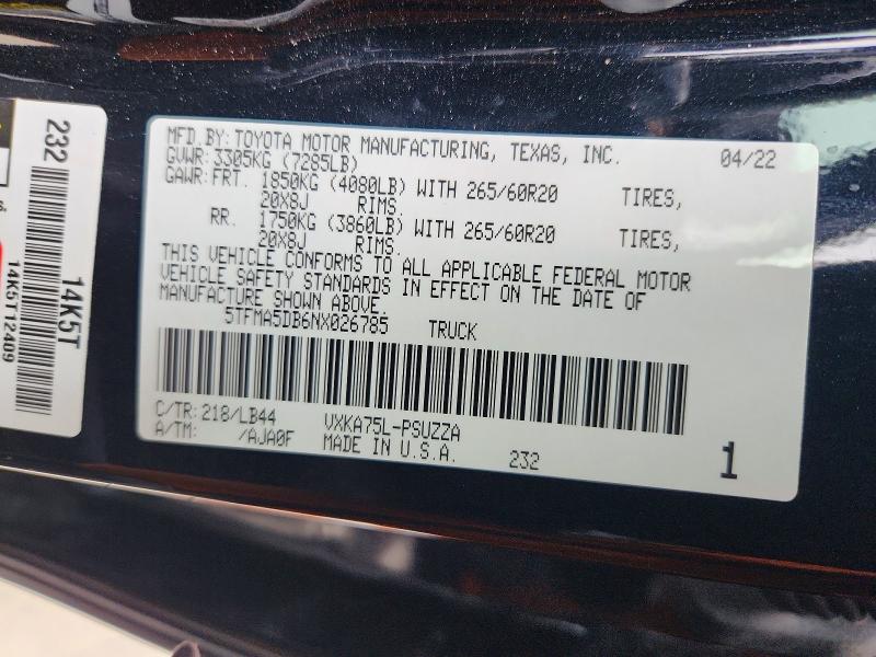 Продажа на аукционе авто 2022 Toyota Tundra, vin: 5TFMA5DB6NX026785, номер лота: 51070856