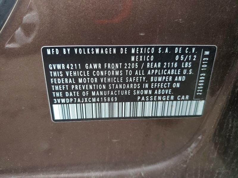 2012 Volkswagen Jetta მანქანა იყიდება აუქციონზე, vin: 3VWDP7AJXCM415869, აუქციონის ნომერი: 51077046