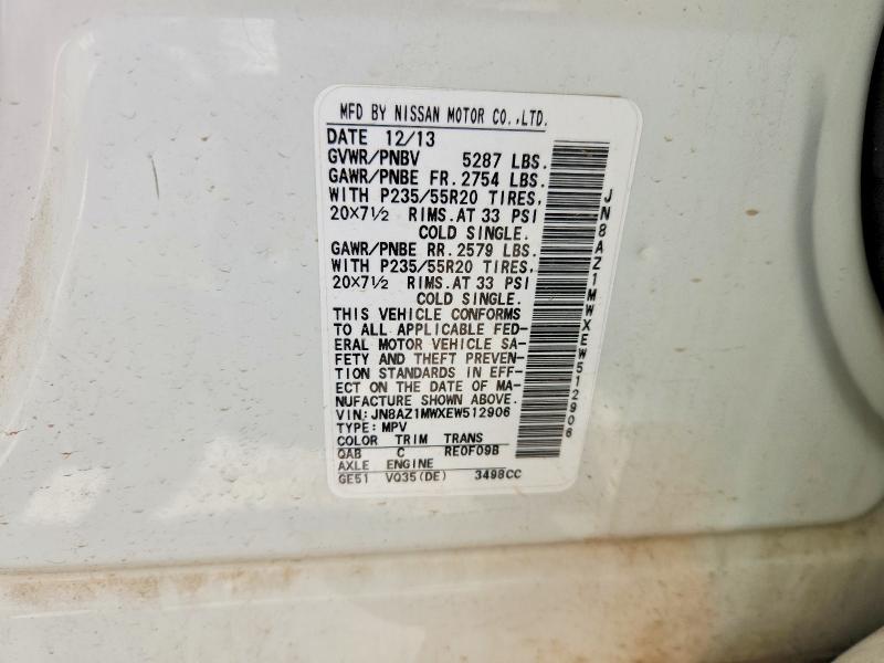 Продажа на аукционе авто 2014 Nissan Murano, vin: JN8AZ1MWXEW512906, номер лота: 50497166