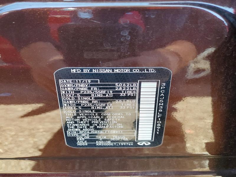 50151146 :رقم المزاد ، 3PCAJ5M38LF108911 vin ، 2020 Infiniti Qx50 مزاد بيع