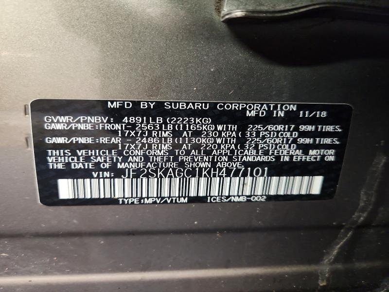 2019 Subaru Forester მანქანა იყიდება აუქციონზე, vin: JF2SKAGC1KH477101, აუქციონის ნომერი: 48200586