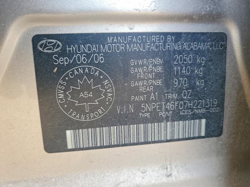 2007 Hyundai Sonata მანქანა იყიდება აუქციონზე, vin: 5NPET46F07H221319, აუქციონის ნომერი: 49017586