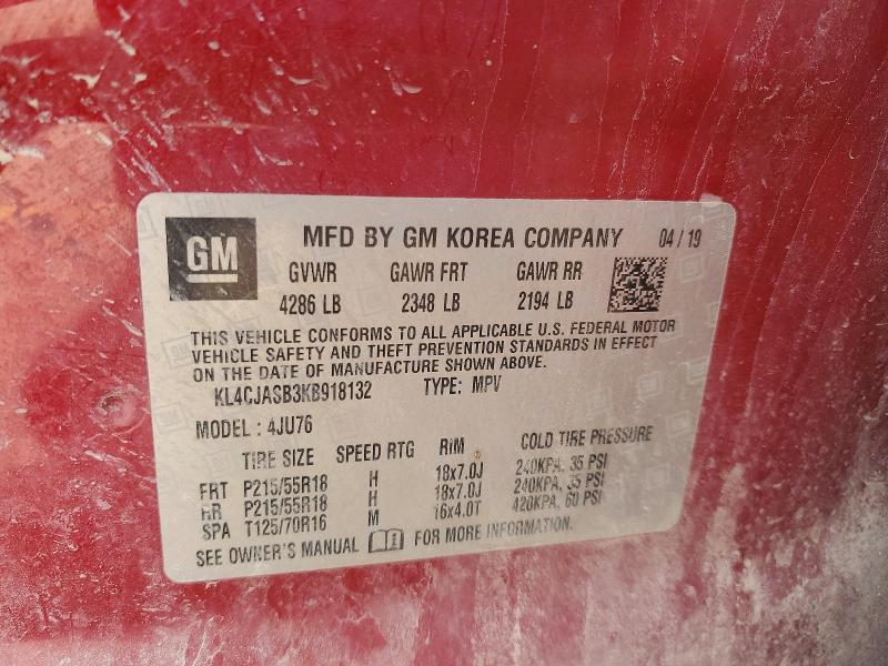 2019 Buick Encore მანქანა იყიდება აუქციონზე, vin: KL4CJASB3KB918132, აუქციონის ნომერი: 51589356