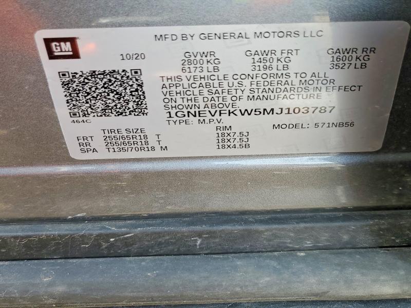 Aukcja sprzedaży 2021 Chevrolet Traverse, vin: 1GNEVFKW5MJ103787, numer aukcji: 51435026