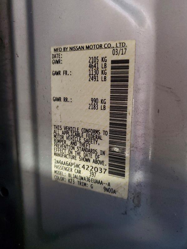 51148316 :رقم المزاد ، 1N4AA6AP5HC422037 vin ، 2017 Nissan Maxima مزاد بيع