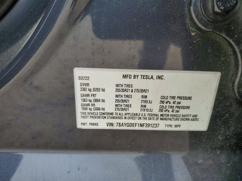 2022 Tesla Model Y მანქანა იყიდება აუქციონზე, vin: 7SAYGDEF1NF391237, აუქციონის ნომერი: 51437596