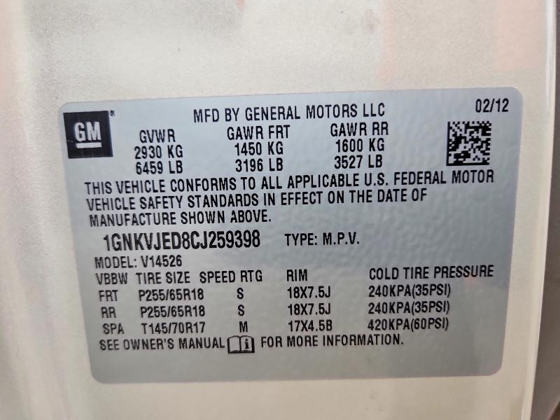 Aukcja sprzedaży 2012 Chevrolet Traverse, vin: 1GNKVJED8CJ259398, numer aukcji: 50487236