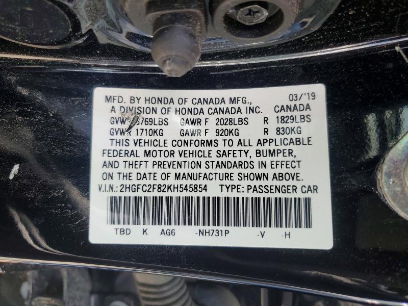 51692516 :رقم المزاد ، 2HGFC2F82KH545854 vin ، 2019 Honda Civic مزاد بيع