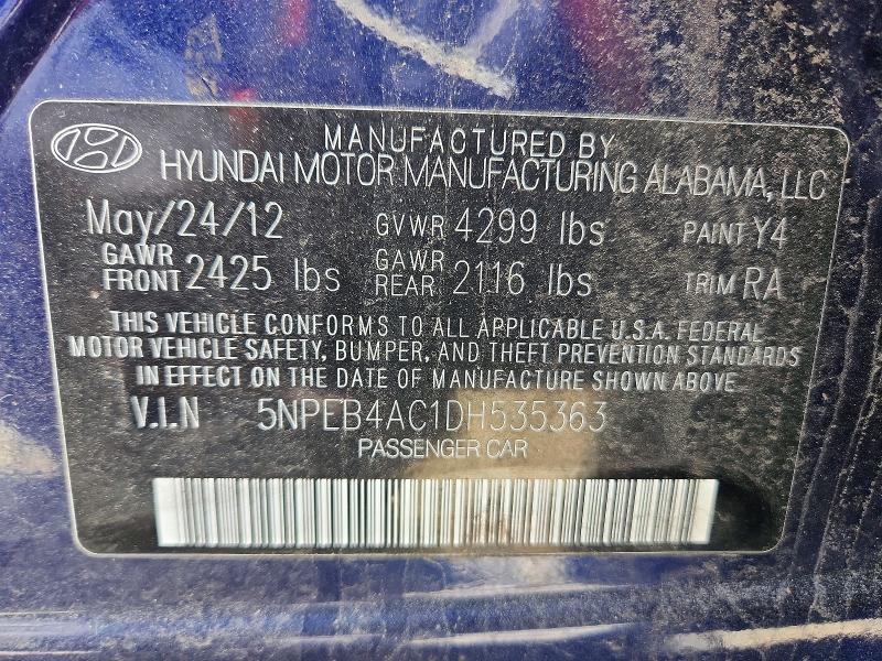 48844656 :رقم المزاد ، 5NPEB4AC1DH535363 vin ، 2013 Hyundai Sonata مزاد بيع