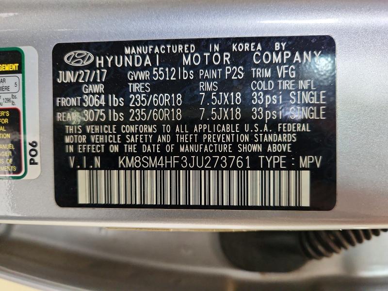 Продажа на аукционе авто 2018 Hyundai Santa Fe, vin: KM8SM4HF3JU273761, номер лота: 50633066